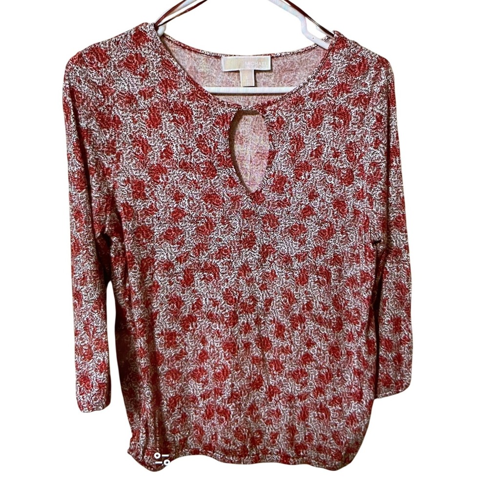 Michael Kors Womens Red Floral Keyhole 3/4 Sleeve Bubble Hem Blouse Top Small